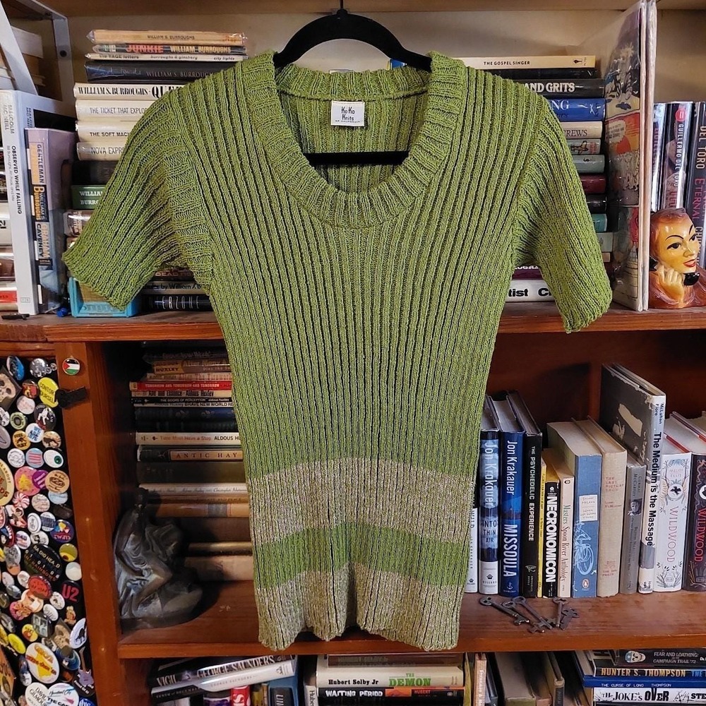 Vintage Ko Ko Knits of California Green Tan Striped Ribbed Knit Top Small